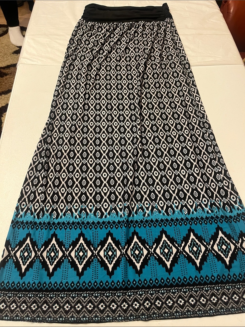 Black & Teal Geometric Maxi Skirt - Lightweight Boho Style stretchy waistband